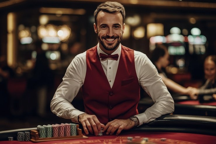Dua pemain menikmati live casino dengan antarmuka digital interaktif modern